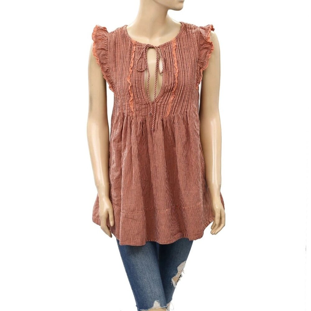 Free People Striped Printed Mini Dress Lace Tie Ruffle Boho Cotton XS NEW 282353